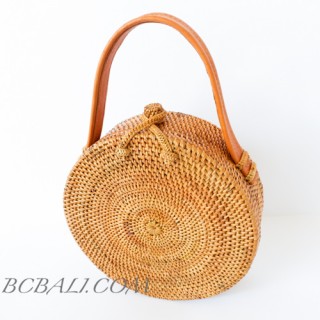 rattan hand woven ata grass lining full handmade circle short handle leather 